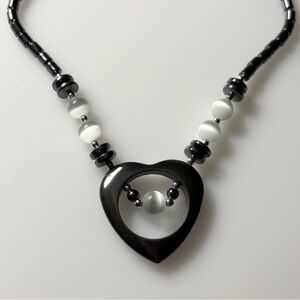 Vintage Hematite Beaded White Tiger Eye Accent StoneHeart Necklace